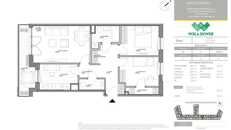 Rzut - Mieszkanie na sprzedaż 3 pokoje o powierzchni 70,55 m² - numer 43 w Wola Skwer
