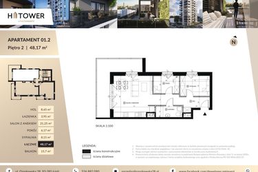 Rzut - Mieszkanie na sprzedaż 3 pokoje o powierzchni 48,17 m² - numer Hi 01.2 w Hi Tower