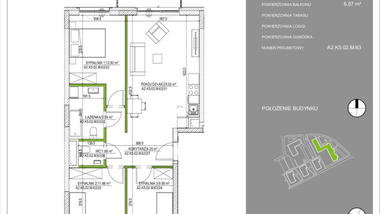 Rzut - Mieszkanie na sprzedaż 4 pokoje o powierzchni 77,75 m² - numer A2.63 w Osiedle Naturalnie