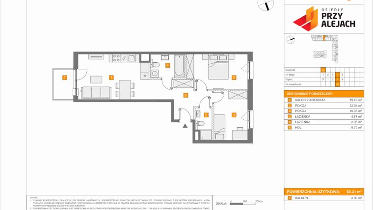 Rzut - Mieszkanie na sprzedaż 3 pokoje o powierzchni 60,31 m² - numer B83 w Osiedle Przy Alejach etap 2