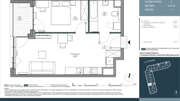 Rzut - Mieszkanie na sprzedaż 2 pokoje o powierzchni 44,44 m² - numer 12 w Portowa Zabłocie