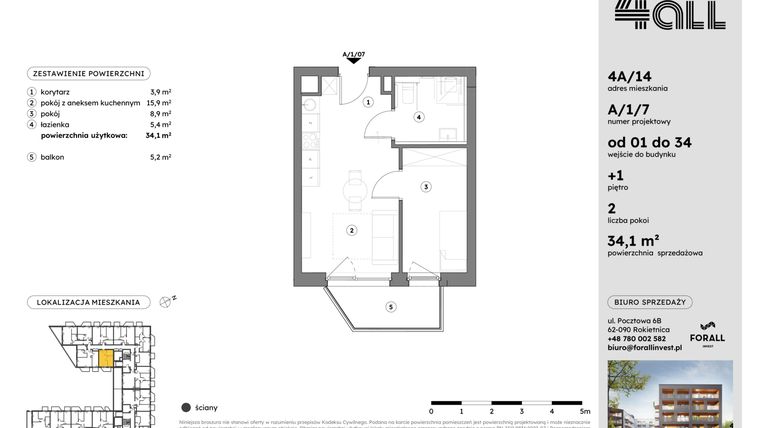 Rzut - Mieszkanie na sprzedaż 2 pokoje o powierzchni 34,09 m² - numer A/1/7 w Osiedle Mateckiego 4ALL