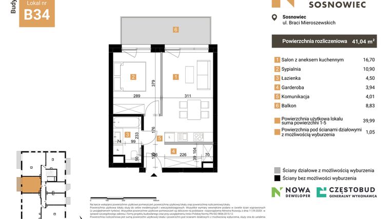 Rzut - Mieszkanie na sprzedaż 2 pokoje o powierzchni 41,04 m² - numer B34 w Nowy Sosnowiec