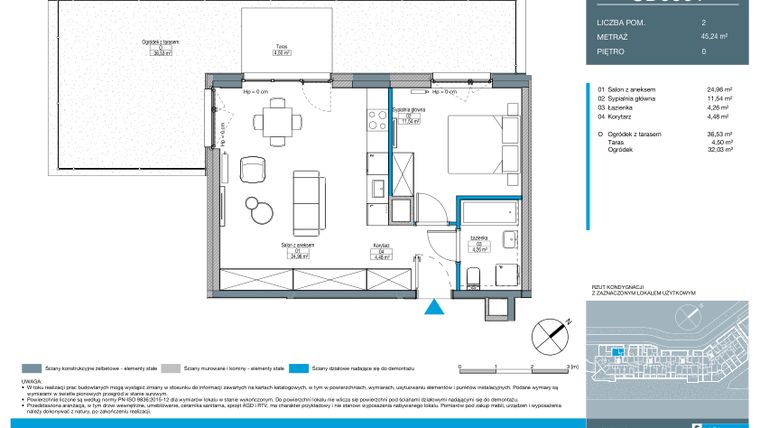Rzut - Mieszkanie na sprzedaż 2 pokoje o powierzchni 45,24 m² - numer CD0001 w Talarowa Park
