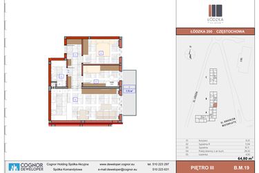 Rzut - Mieszkanie na sprzedaż 3 pokoje o powierzchni 64,8 m² - numer B.M.19 w Łódzka Osiedle