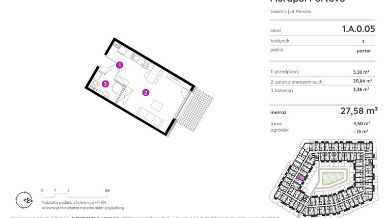 Rzut - Mieszkanie na sprzedaż 1 pokój o powierzchni 27,58 m² - numer 1.A.0.05 w Murapol Portovo etap II