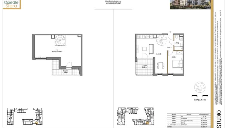 Rzut - Mieszkanie na sprzedaż 2 pokoje o powierzchni 86,84 m² - numer 44 w Osiedle Sfera etap II