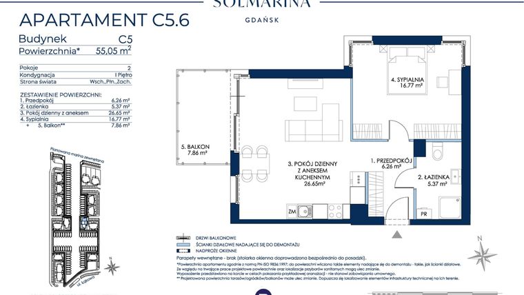 Rzut - Mieszkanie na sprzedaż 2 pokoje o powierzchni 55,05 m² - numer C5.6 w Sol Marina etap III