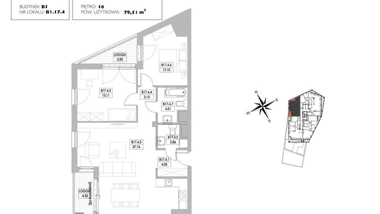 Rzut - Mieszkanie na sprzedaż 3 pokoje o powierzchni 78,48 m² - numer B1.17.4 w Alvarium 2.0