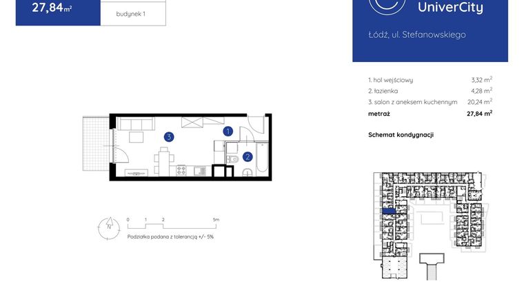 Rzut - Mieszkanie na sprzedaż 1 pokój o powierzchni 27,84 m² - numer 1.B.0.02 w Murapol UniverCity