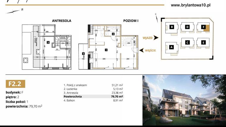 Rzut - Mieszkanie na sprzedaż 1 pokój o powierzchni 79,7 m² - numer F2.2 w Brylantowa 10