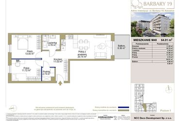 Rzut - Mieszkanie na sprzedaż 3 pokoje o powierzchni 64,01 m² - numer 48 w Barbary 19