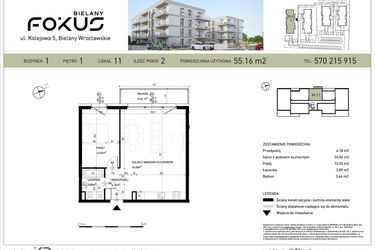 Rzut - Mieszkanie na sprzedaż 2 pokoje o powierzchni 55,16 m² - numer B1-11 w Fokus Bielany