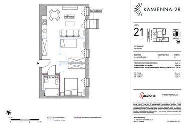 Rzut - Mieszkanie na sprzedaż 1 pokój o powierzchni 53,3 m² - numer 4.21 w Kamienna 28 - apartamenty inwestycyjne