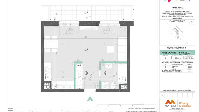 Rzut - Mieszkanie na sprzedaż 1 pokój o powierzchni 36,65 m² - numer F3.B.05.02 w Na Bielany! etap III