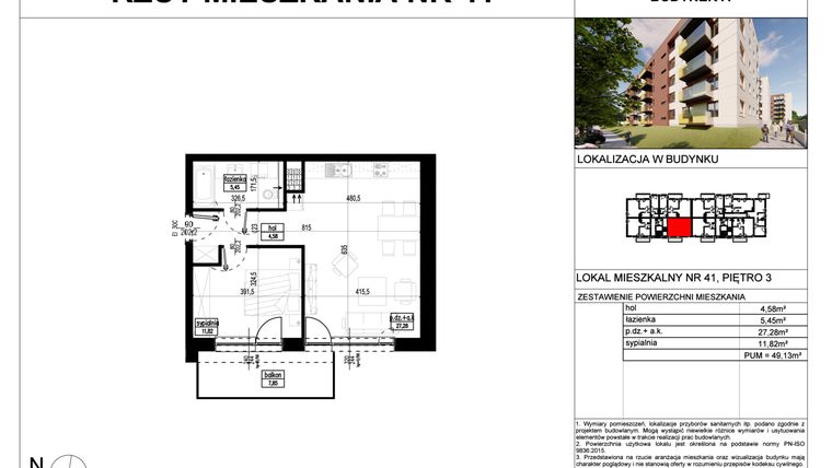 Rzut - Mieszkanie na sprzedaż 2 pokoje o powierzchni 49,13 m² - numer A.41 w Wólczańska 248 - etap II