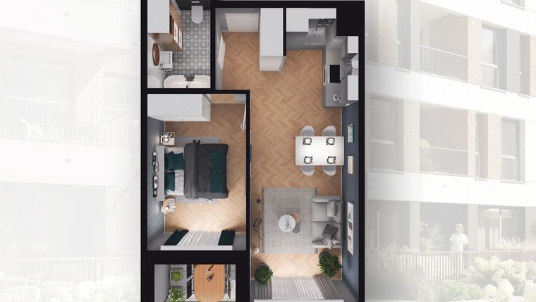 Rzut - Mieszkanie na sprzedaż 2 pokoje o powierzchni 43,65 m² - numer B2.61 w Quercus