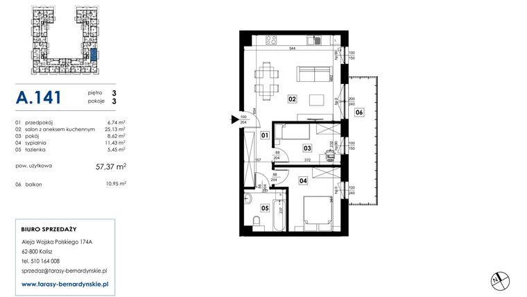 Rzut - Mieszkanie na sprzedaż 3 pokoje o powierzchni 57,37 m² - numer A.141 w Tarasy Bernardyńskie