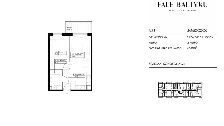 Rzut - Mieszkanie na sprzedaż 2 pokoje o powierzchni 37,86 m² - numer FBJC-M32 w Fale Bałtyku Cook