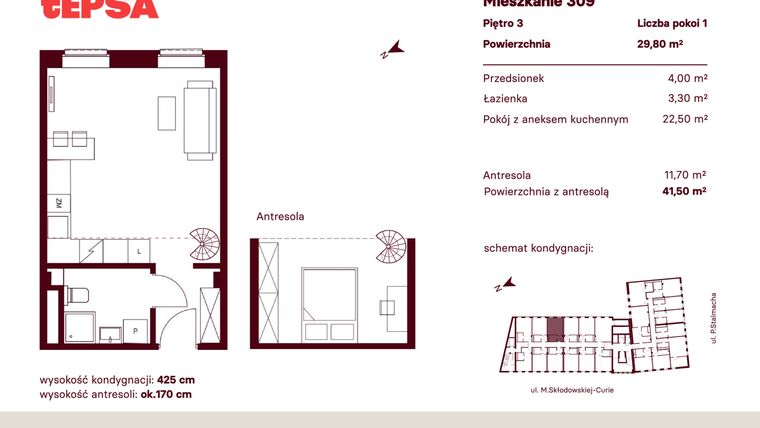 Rzut - Mieszkanie na sprzedaż 1 pokój o powierzchni 29,8 m² - numer M309 w Tepsa Kato