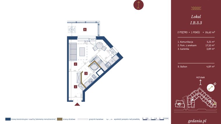 Rzut - Mieszkanie na sprzedaż 1 pokój o powierzchni 26,62 m² - numer I.B.3.3 w GEDANIA Riverside Living - apartamenty inwestycyjne
