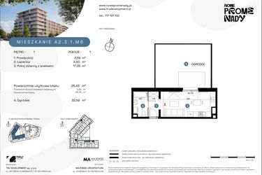 Rzut - Mieszkanie na sprzedaż 1 pokój o powierzchni 25,43 m² - numer A2.3.1.M6 w Nowe Promenady