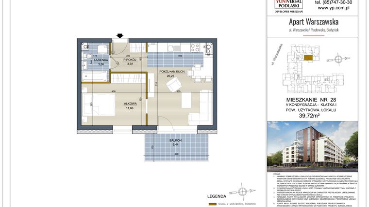 Rzut - Mieszkanie na sprzedaż 2 pokoje o powierzchni 39,72 m² - numer 28 w Apart Warszawska