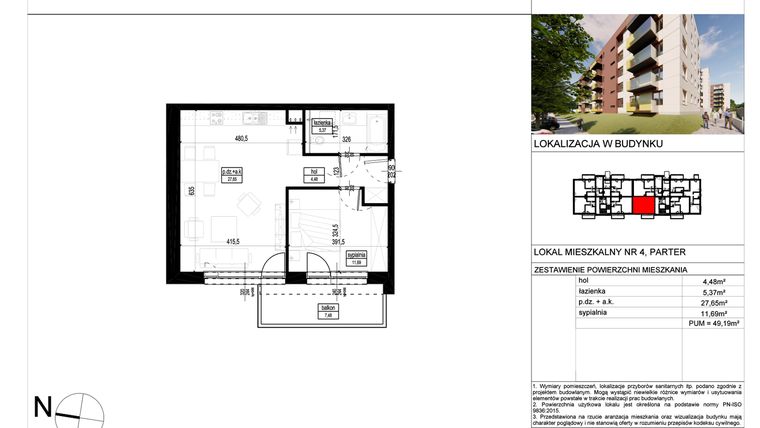 Rzut - Mieszkanie na sprzedaż 2 pokoje o powierzchni 49,19 m² - numer A.4 w Wólczańska 248 - etap II
