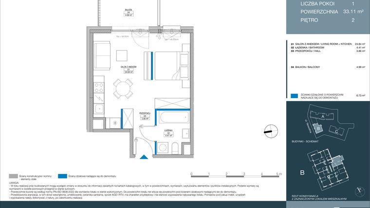 Rzut - Mieszkanie na sprzedaż 1 pokój o powierzchni 33,11 m² - numer B.1.3.1 w Meri Apartamenty