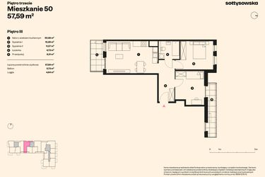 Rzut - Mieszkanie na sprzedaż 3 pokoje o powierzchni 57,59 m² - numer 50 w Sołtysowska