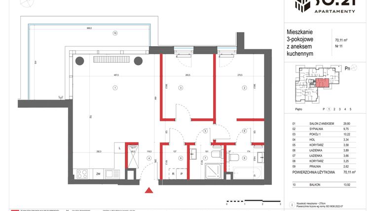 Rzut - Mieszkanie na sprzedaż 3 pokoje o powierzchni 70,11 m² - numer 11 w SO.21
