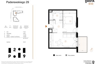 Rzut - Mieszkanie na sprzedaż 2 pokoje o powierzchni 45,16 m² - numer A49 w Paderewskiego 29