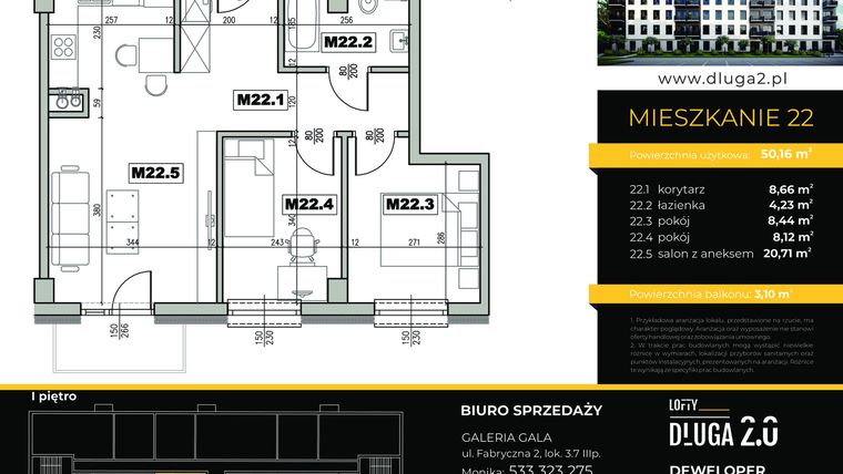 Rzut - Mieszkanie na sprzedaż 3 pokoje o powierzchni 50,16 m² - numer M22 w Lofty Długa 2.0