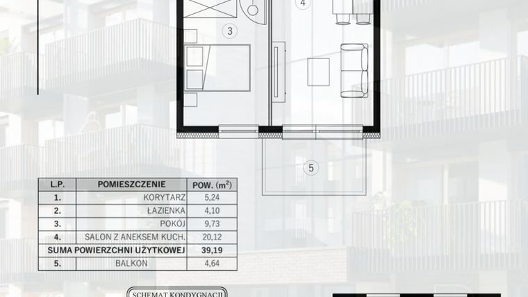 Rzut - Mieszkanie na sprzedaż 2 pokoje o powierzchni 39,19 m² - numer 22 w Młody Straszyn Park VI - bud. B