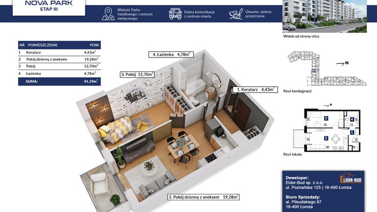 Rzut - Mieszkanie na sprzedaż 2 pokoje o powierzchni 41,19 m² - numer 75 w Nova Park etap III