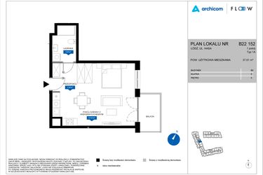 Rzut - Mieszkanie na sprzedaż 1 pokój o powierzchni 37,61 m² - numer B22 152 w Flow - bud. B2 A i bud. B2 B