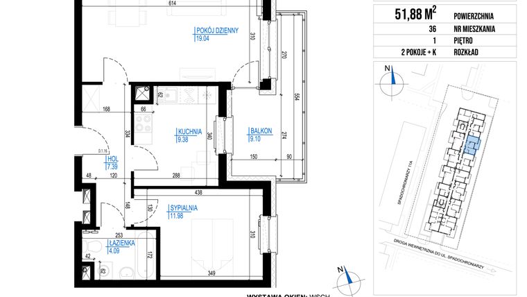 Rzut - Mieszkanie na sprzedaż 2 pokoje o powierzchni 51,88 m² - numer 36 w Vieniava edycja druga