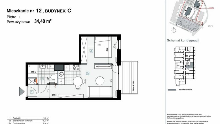 Rzut - Mieszkanie na sprzedaż 1 pokój o powierzchni 34,4 m² - numer C.M12 w Apartamenty Kopernika