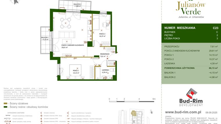Rzut - Mieszkanie na sprzedaż 3 pokoje o powierzchni 66,13 m² - numer 23 w Julianów Verde