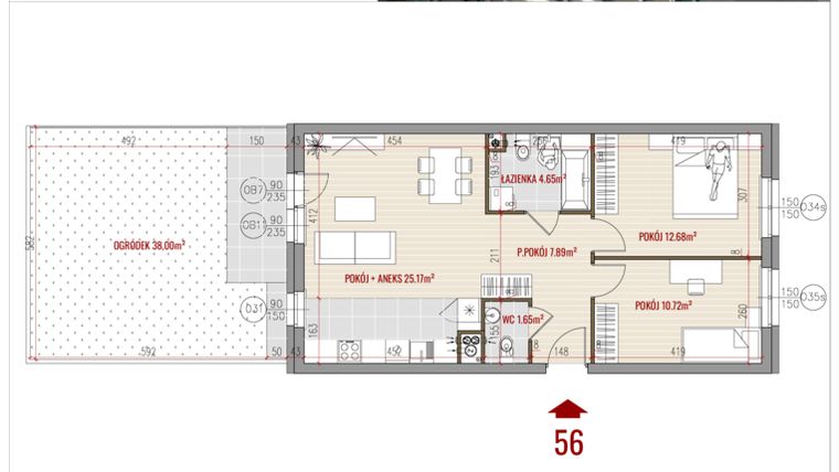 Rzut - Mieszkanie na sprzedaż 3 pokoje o powierzchni 62,76 m² - numer 56 w HUZAR B3