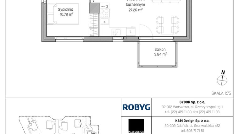 Rzut - Mieszkanie na sprzedaż 2 pokoje o powierzchni 46,88 m² - numer B7.1M02 w ROSA Residence etap II