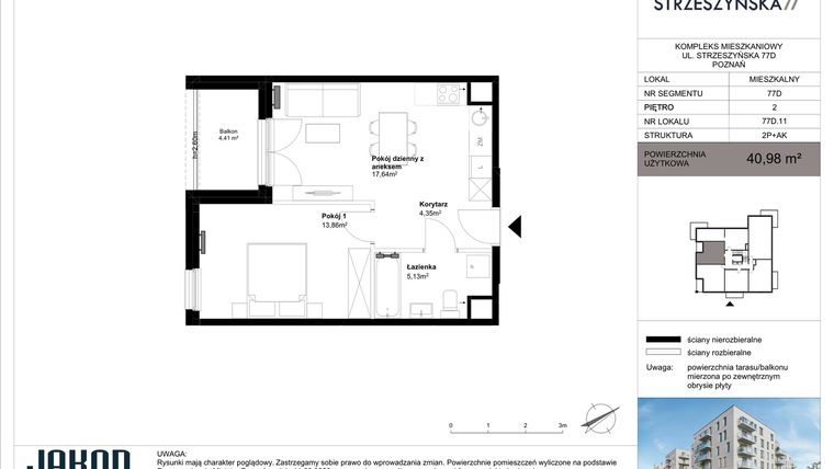 Rzut - Mieszkanie na sprzedaż 2 pokoje o powierzchni 40,98 m² - numer 77D.11 w Strzeszyńska 77