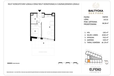 Rzut - Mieszkanie na sprzedaż 2 pokoje o powierzchni 38,28 m² - numer A.0.13 w Bałtycka Sea Park