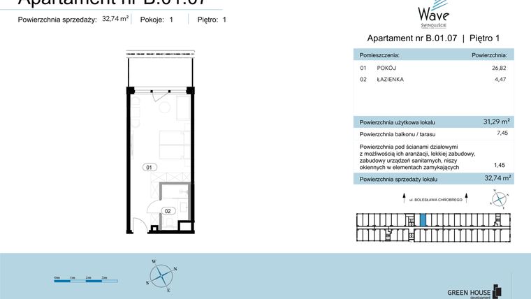 Rzut - Mieszkanie na sprzedaż 1 pokój o powierzchni 32,74 m² - numer B.01.07 w Wave Świnoujście Thermal & Spa
