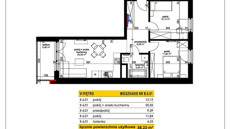 Rzut - Mieszkanie na sprzedaż 3 pokoje o powierzchni 58,23 m² - numer B 6.01 w Park Moniuszki II C