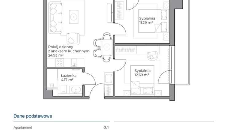 Rzut - Mieszkanie na sprzedaż 3 pokoje o powierzchni 53,09 m² - numer B.3.1 w Anchoria Holiday