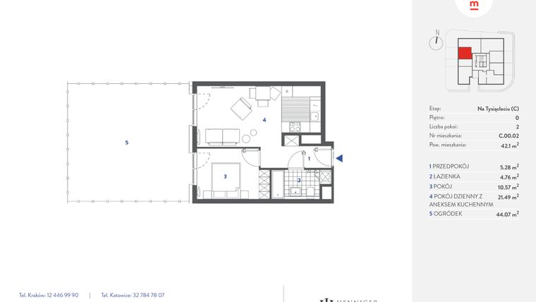 Rzut - Mieszkanie na sprzedaż 2 pokoje o powierzchni 42,1 m² - numer C.00.02 w Mieszkaj w mieście - Na Tysiącleciu budynek C