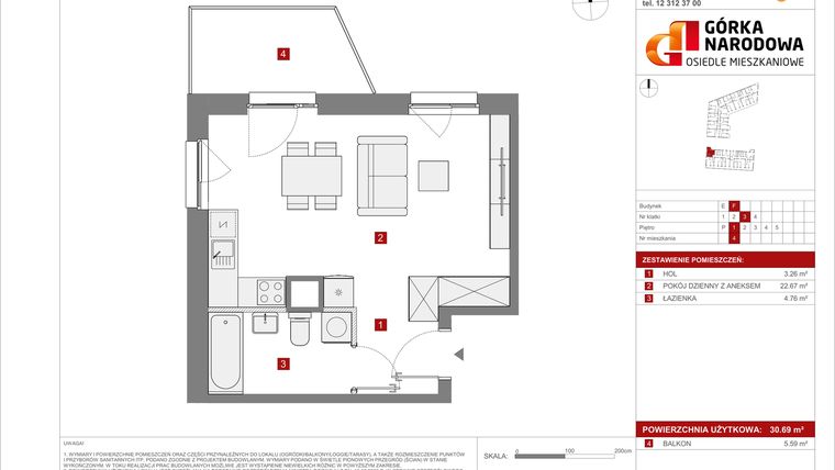 Rzut - Mieszkanie na sprzedaż 1 pokój o powierzchni 30,69 m² - numer 5.3.F.4 w Osiedle Górka Narodowa etap 5