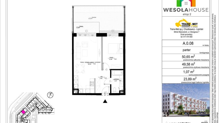 Rzut - Mieszkanie na sprzedaż 2 pokoje o powierzchni 49,58 m² - numer A.0.08 w Wesoła House Etap II