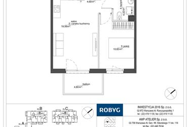 Rzut - Mieszkanie na sprzedaż 2 pokoje o powierzchni 39,4 m² - numer RM/2A/A/1/4 w Rytm Mokotowa - etap 2A